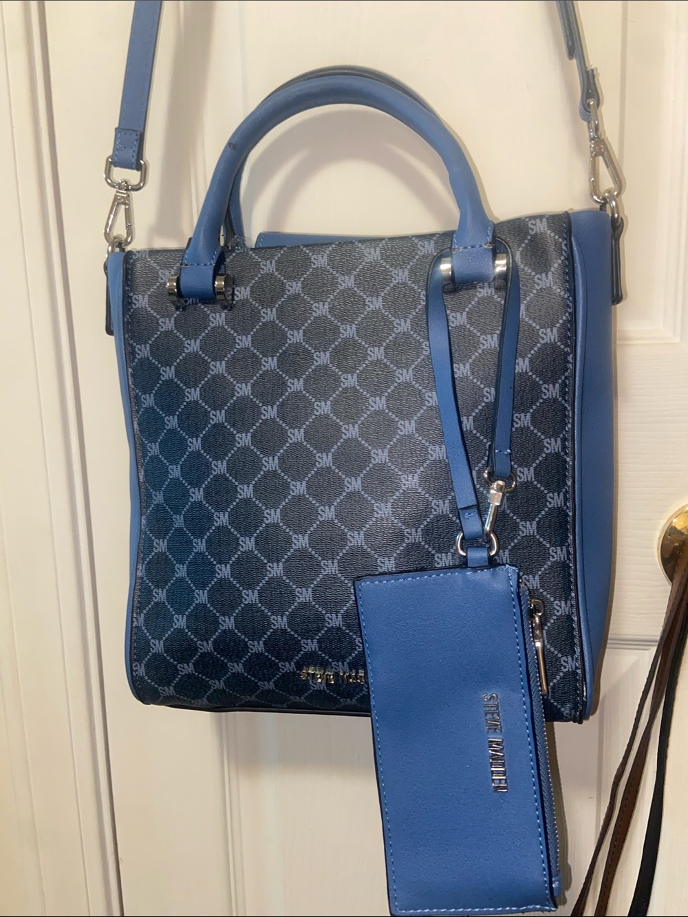 Steve Madden Monogram Blue Satchel with Removable Card Holder